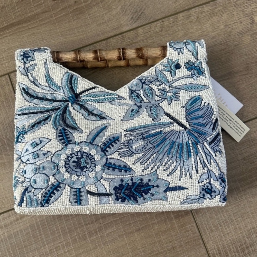 T.J.Maxx White and Blue Beaded Floral Clutch